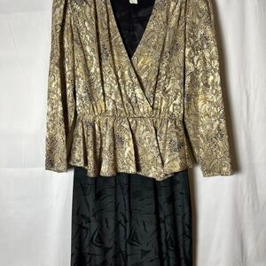 ilgwu Vintage it's a Rich Miss 80s Metallic Black Gold Peplum Dress Women's 16
